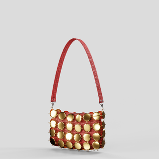 Steel Handbag Case Gold - Handle Leather Red